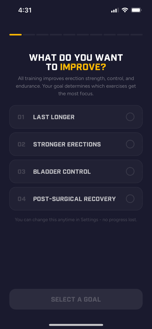 Kegel King goal selection screen